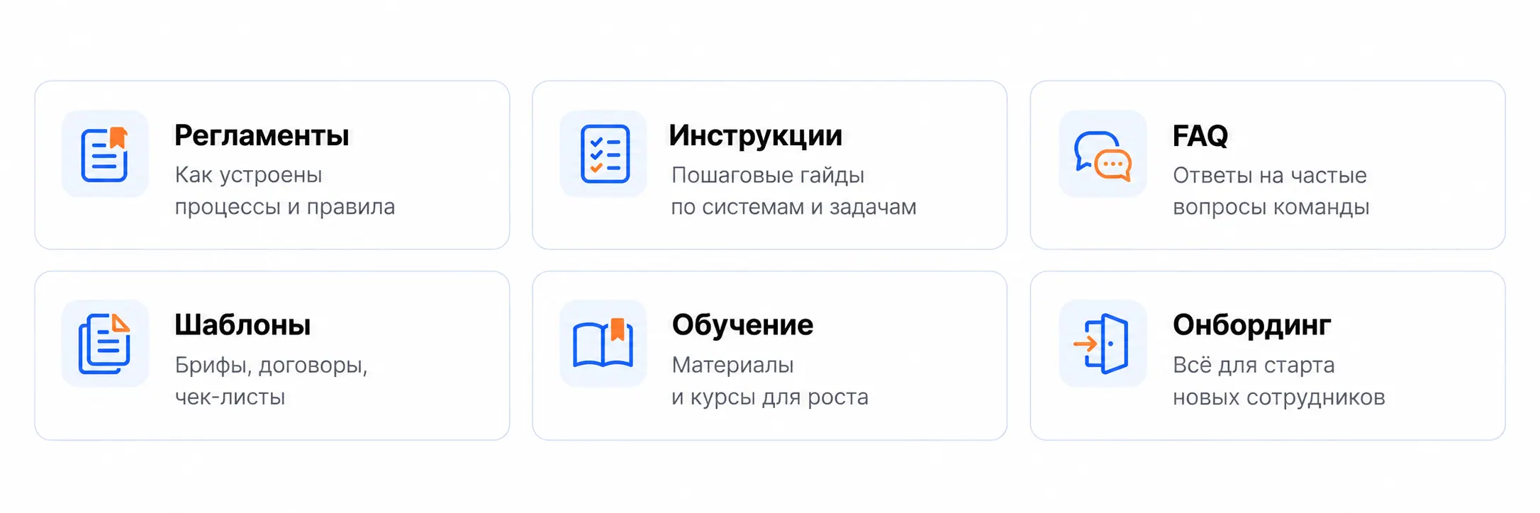 Экран выбора разделов базы знаний: шесть категорий с иконками и описаниями.